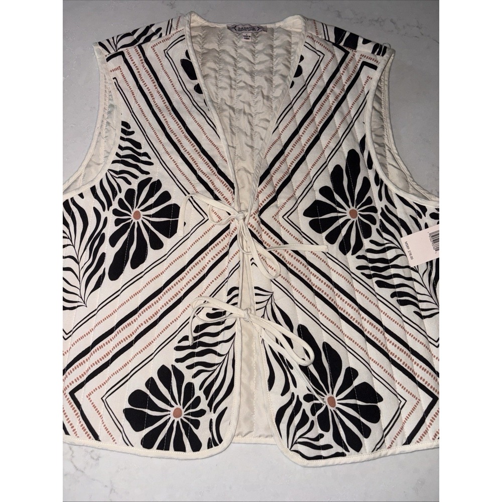 Nanette Lepore Women L Cream Floral Boho Quilted Tie Front Vest NWT Brown